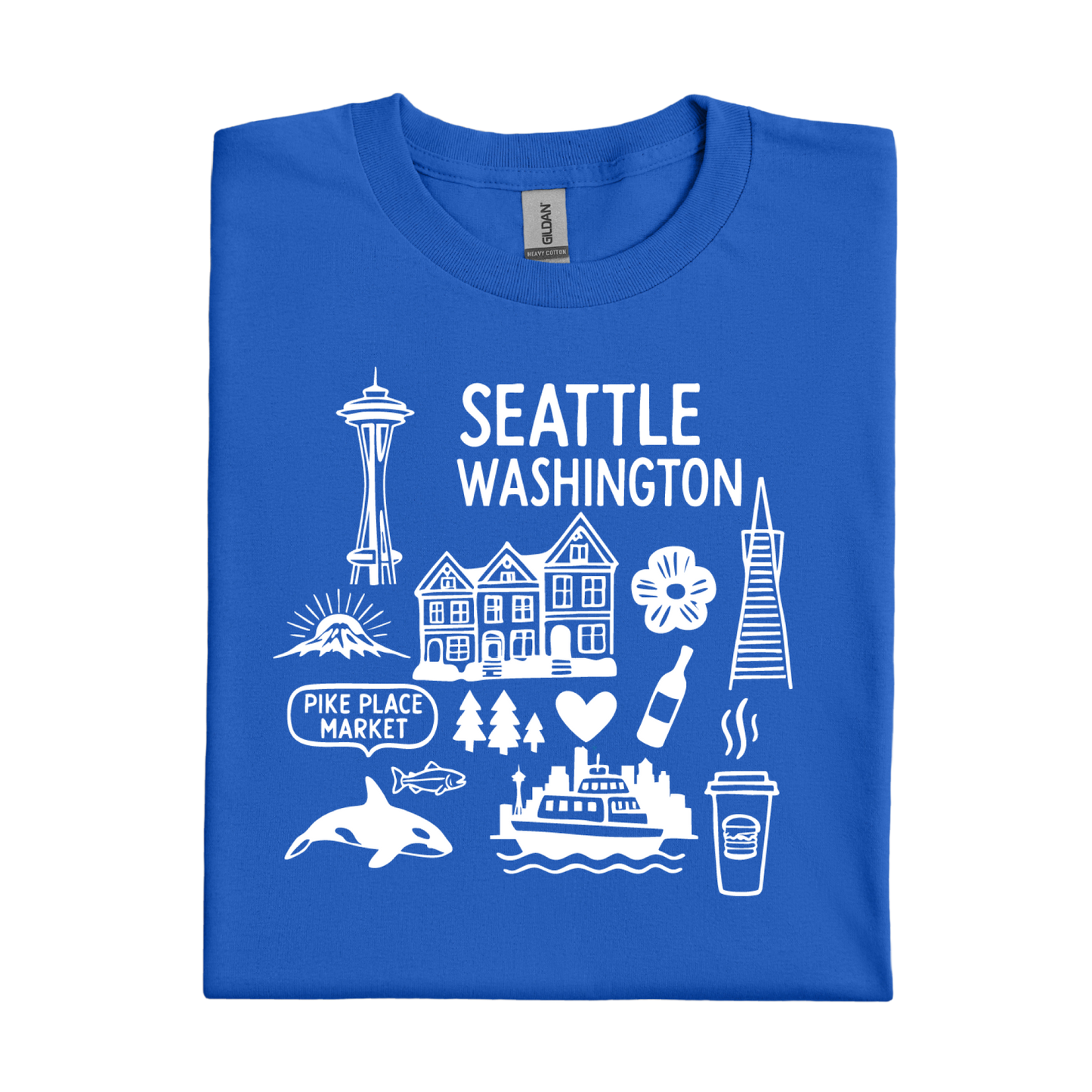 Royal Blue t-shirt with white graphics and text about Seattle, Washington