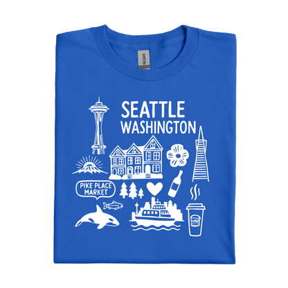 Royal Blue t-shirt with white graphics and text about Seattle, Washington