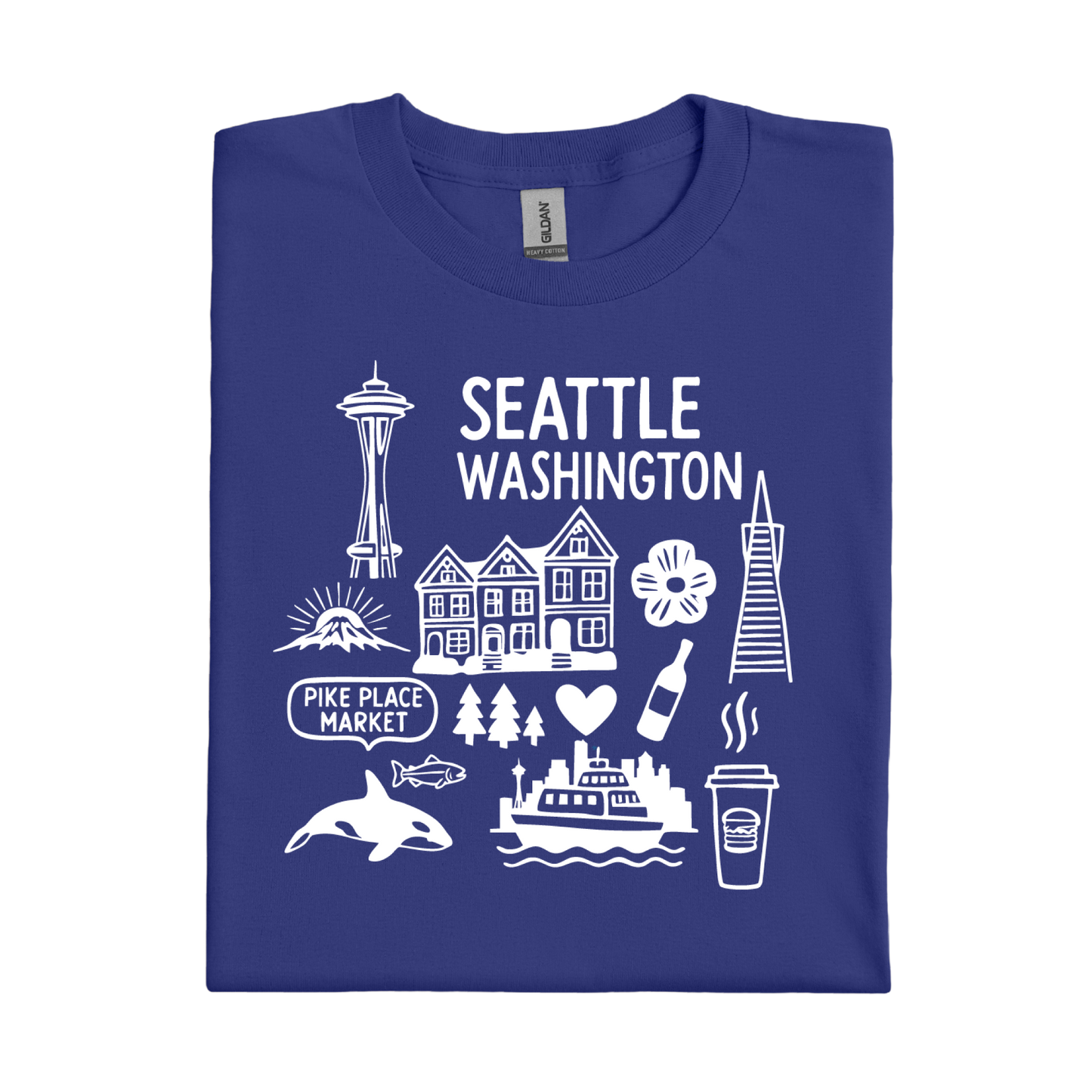 Cobalt Blue t-shirt with white graphics and text about Seattle, Washington