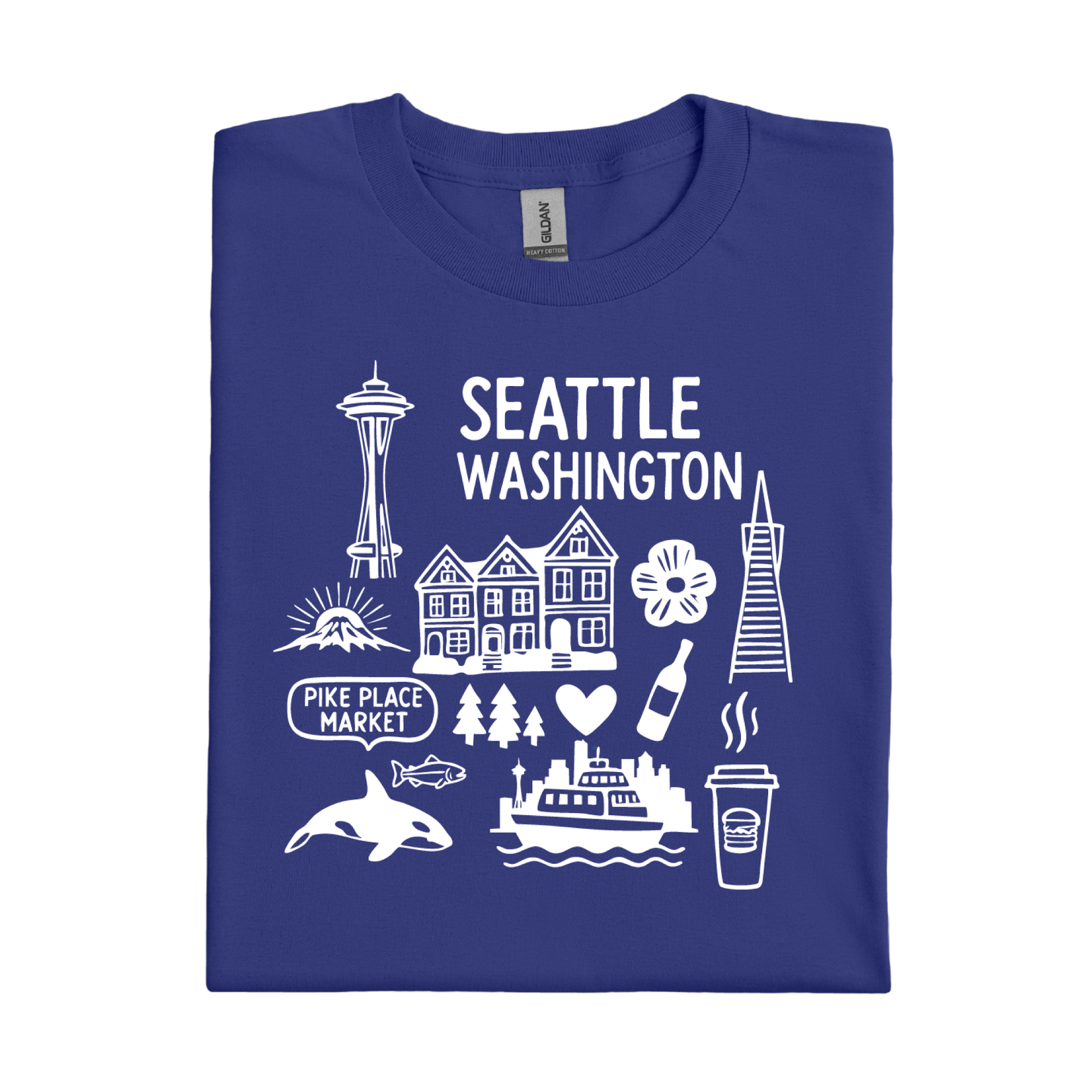 Cobalt Blue t-shirt with white graphics and text about Seattle, Washington