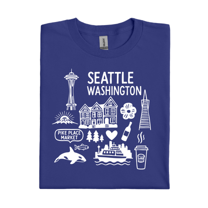 Cobalt Blue t-shirt with white graphics and text about Seattle, Washington