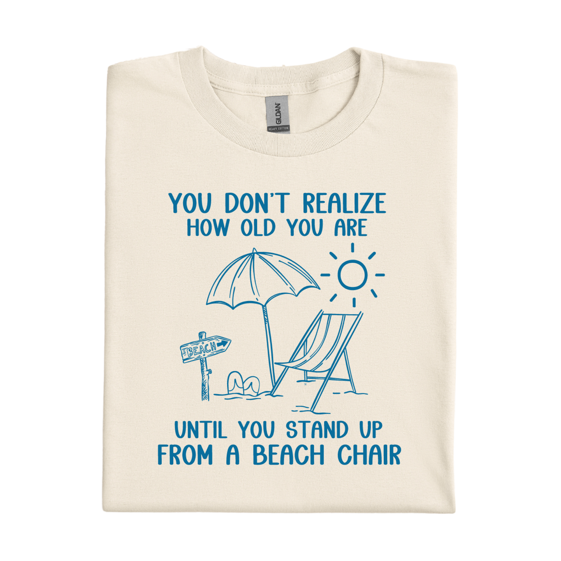 Natural t-shirt with blue beach-themed graphic and text on a white background