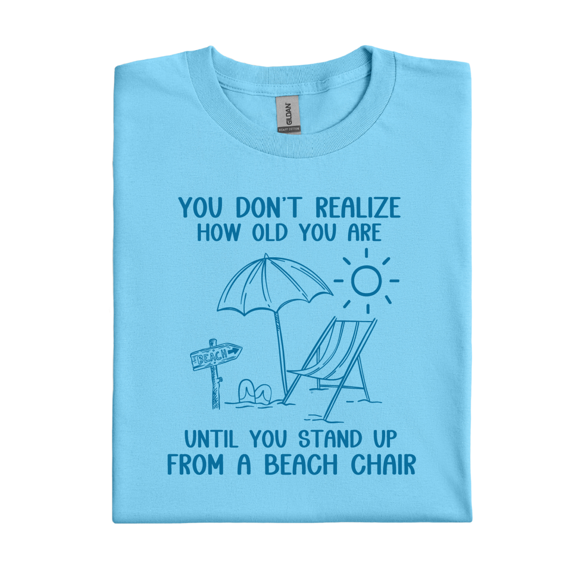 Sky blue t-shirt with beach graphic and text on a white background