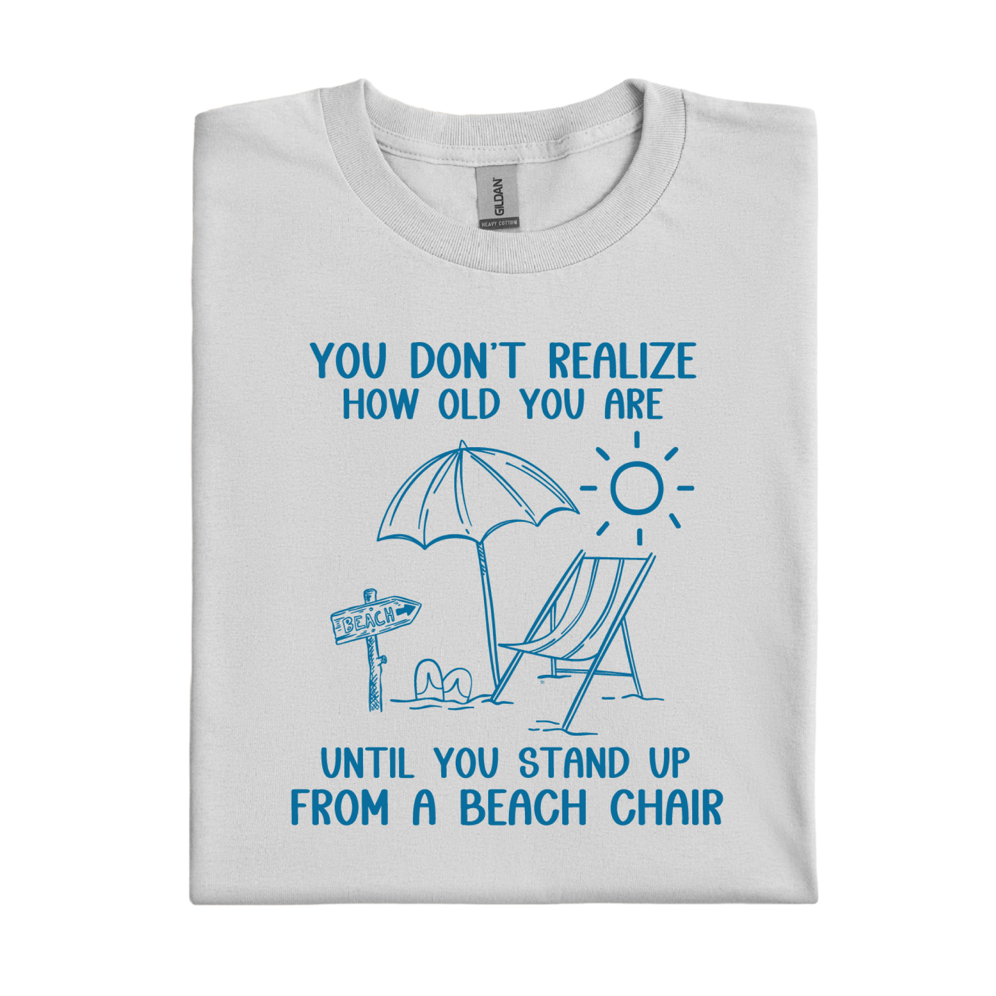 Ice Grey t-shirt with blue beach-themed graphic and text on a white background