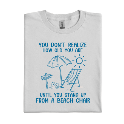 Ice Grey t-shirt with blue beach-themed graphic and text on a white background