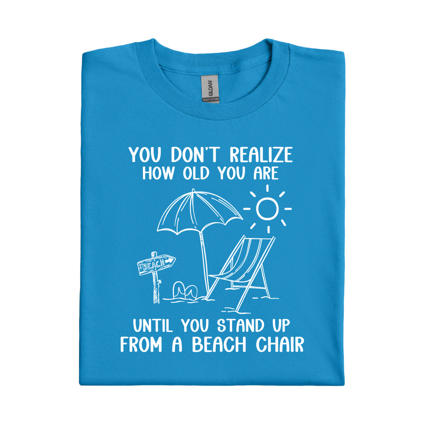 Sapphire Blue t-shirt with beach-themed graphic and text on a white background