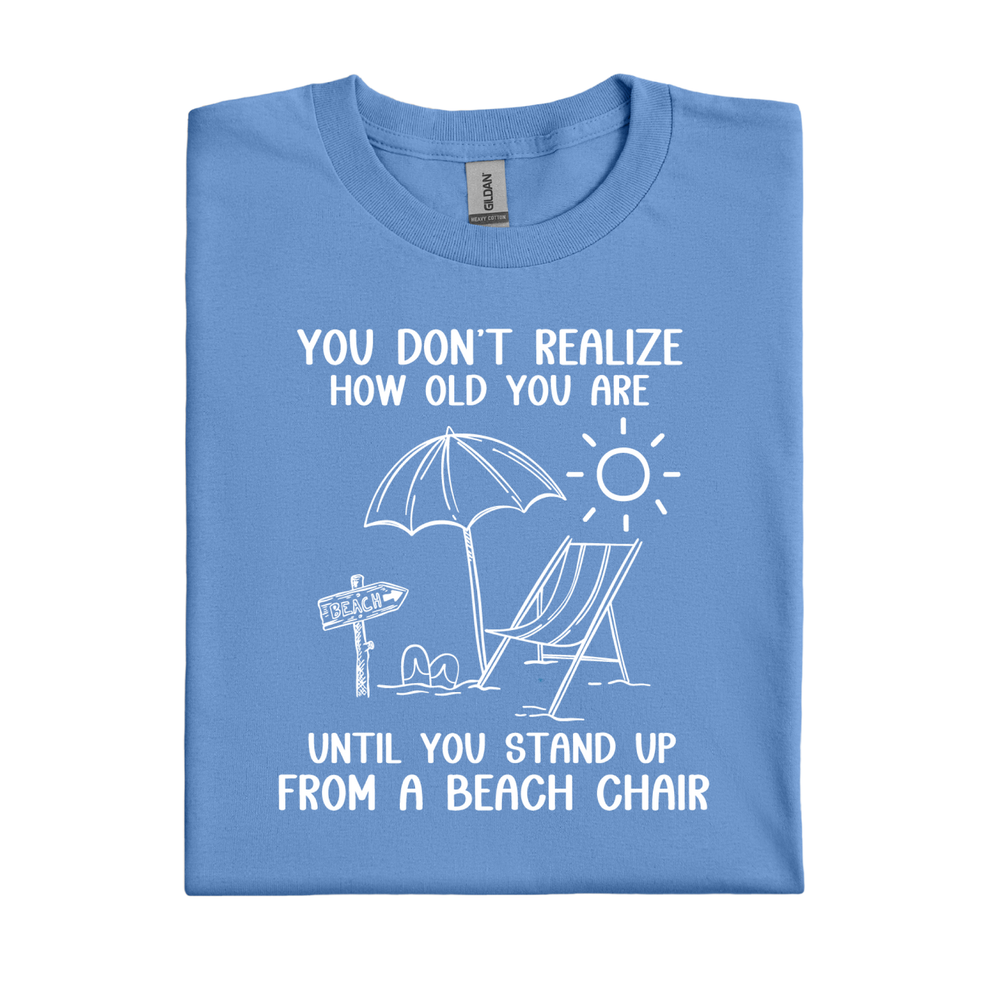 Carolina Blue t-shirt with beach-themed design and text on a white background