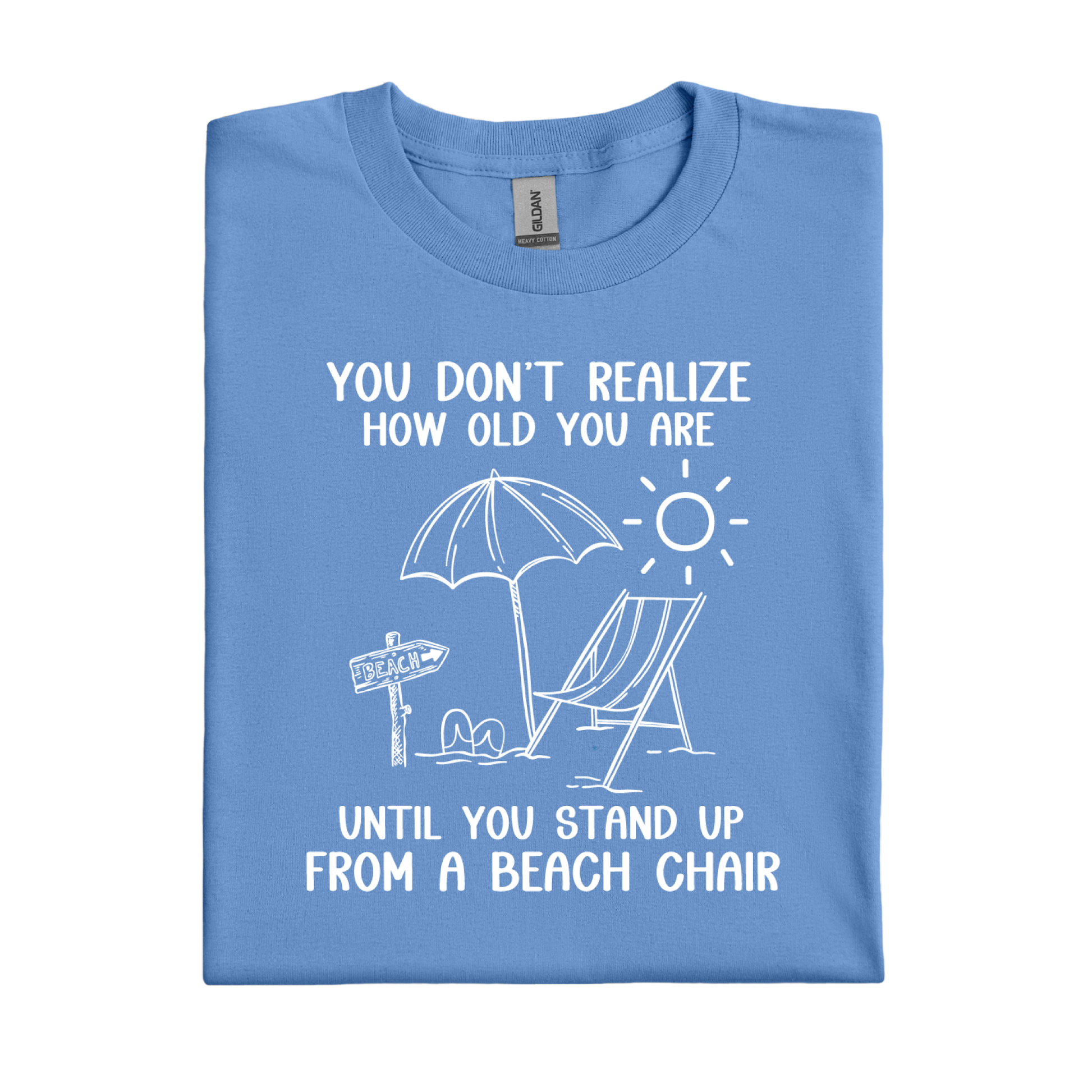 Carolina Blue t-shirt with beach-themed design and text on a white background