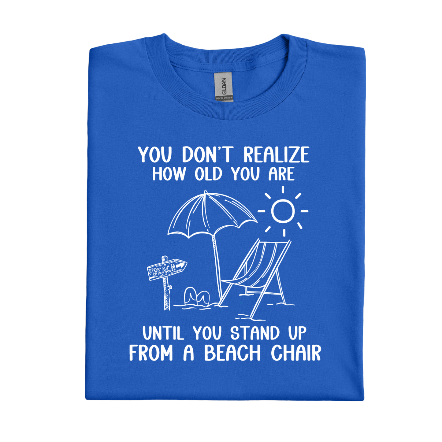 Royal Blue t-shirt with beach graphic and humorous text on a white background