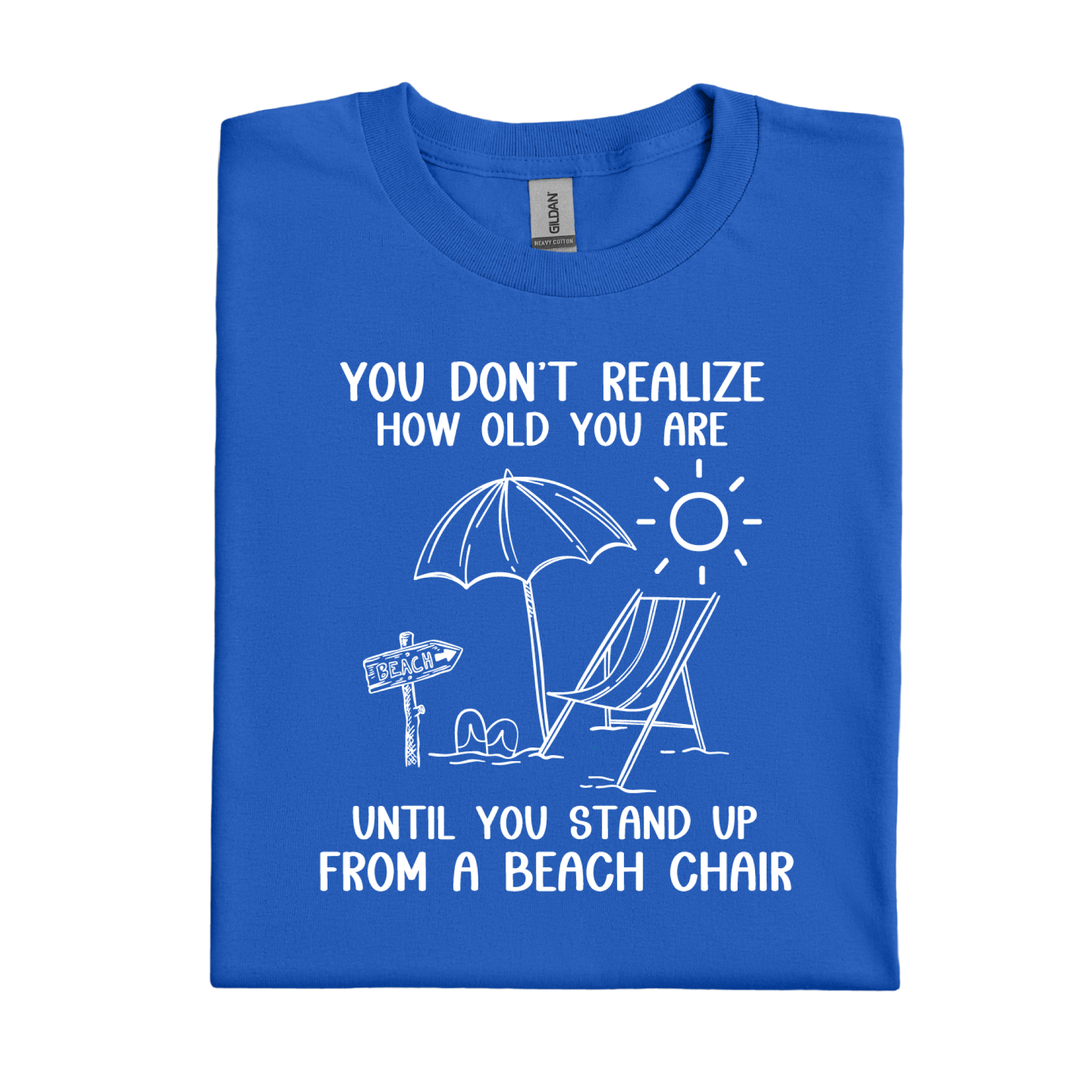 Royal Blue t-shirt with beach graphic and humorous text on a white background