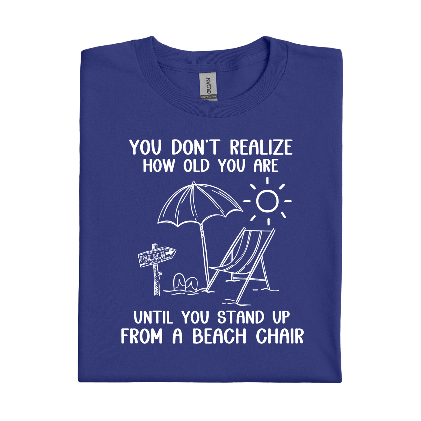 Cobalt Blue t-shirt with white beach graphic and text on a white background