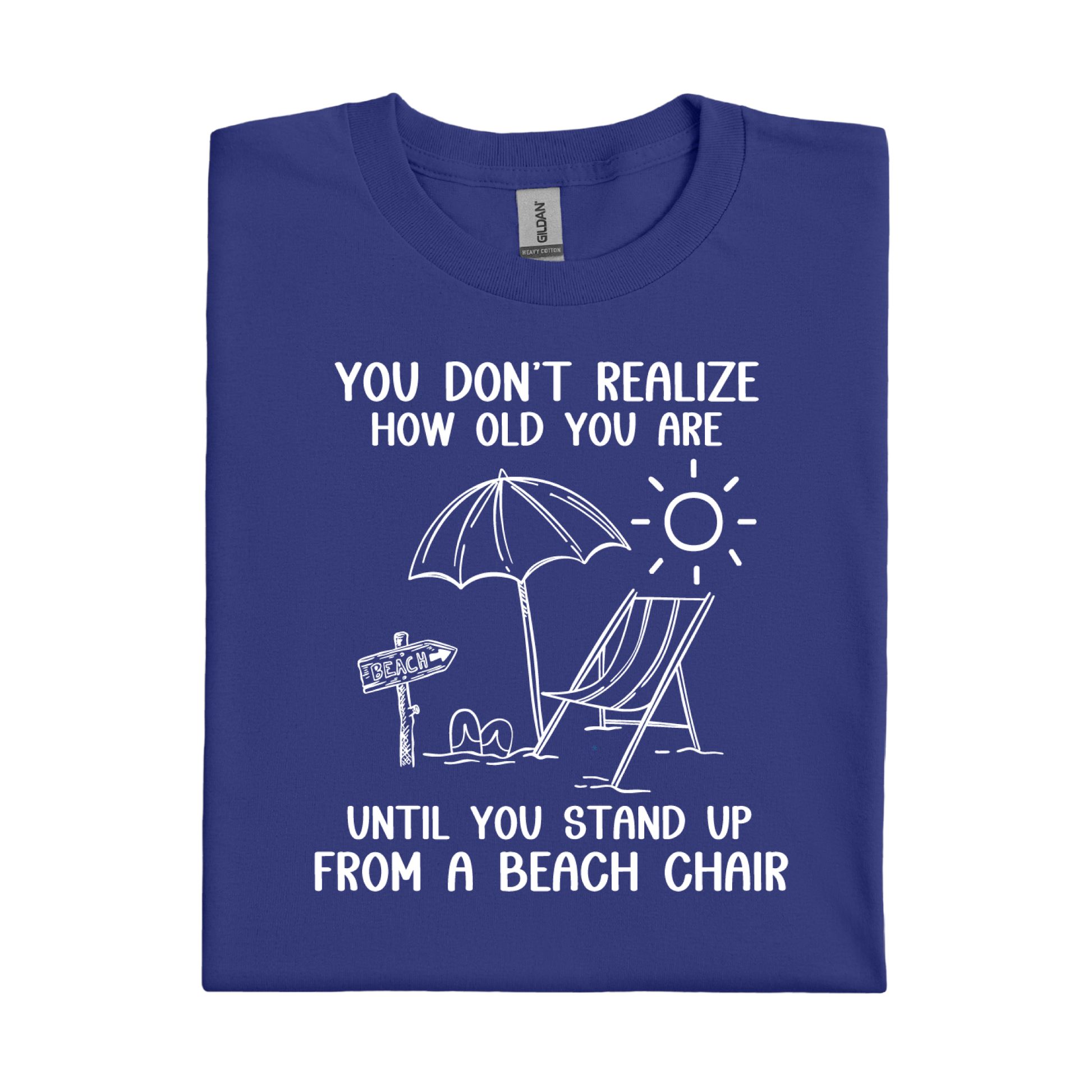 Cobalt Blue t-shirt with white beach graphic and text on a white background