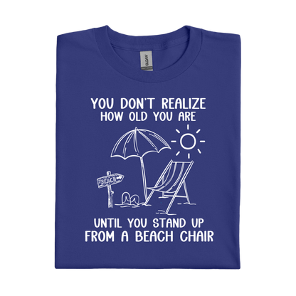 Cobalt Blue t-shirt with white beach graphic and text on a white background