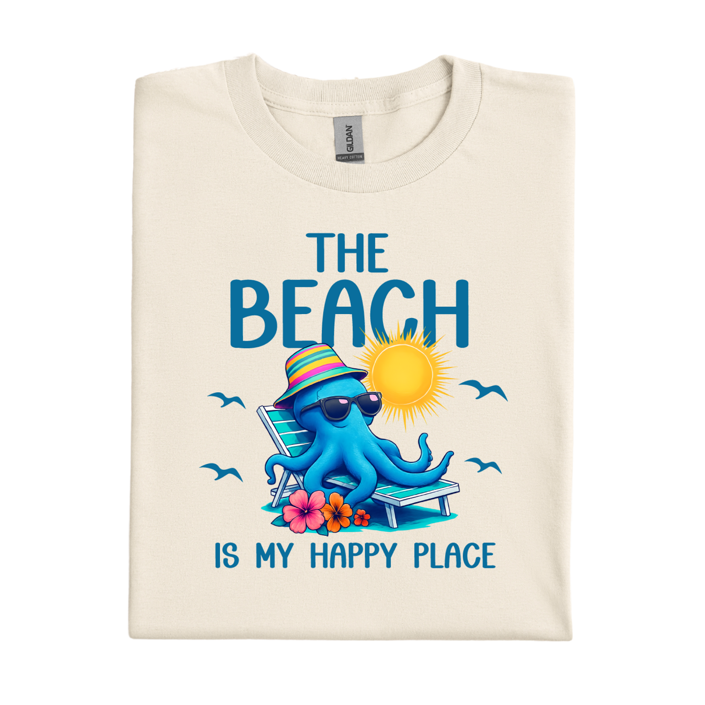 natural t-shirt with a blue octopus graphic and beach-themed text on a white background