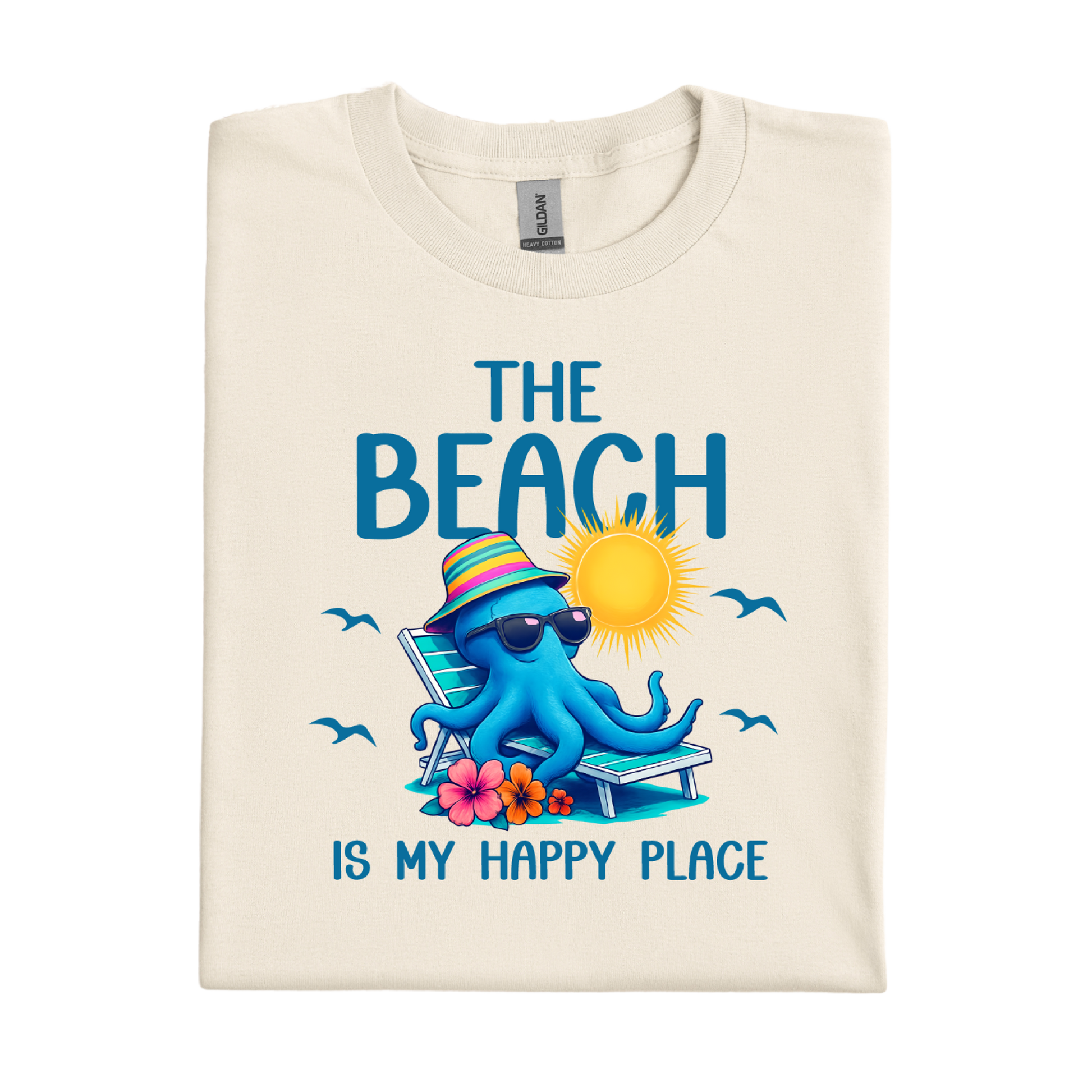 natural t-shirt with a blue octopus graphic and beach-themed text on a white background