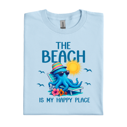 Light blue t-shirt with a cartoon octopus and beach-themed text on a white background