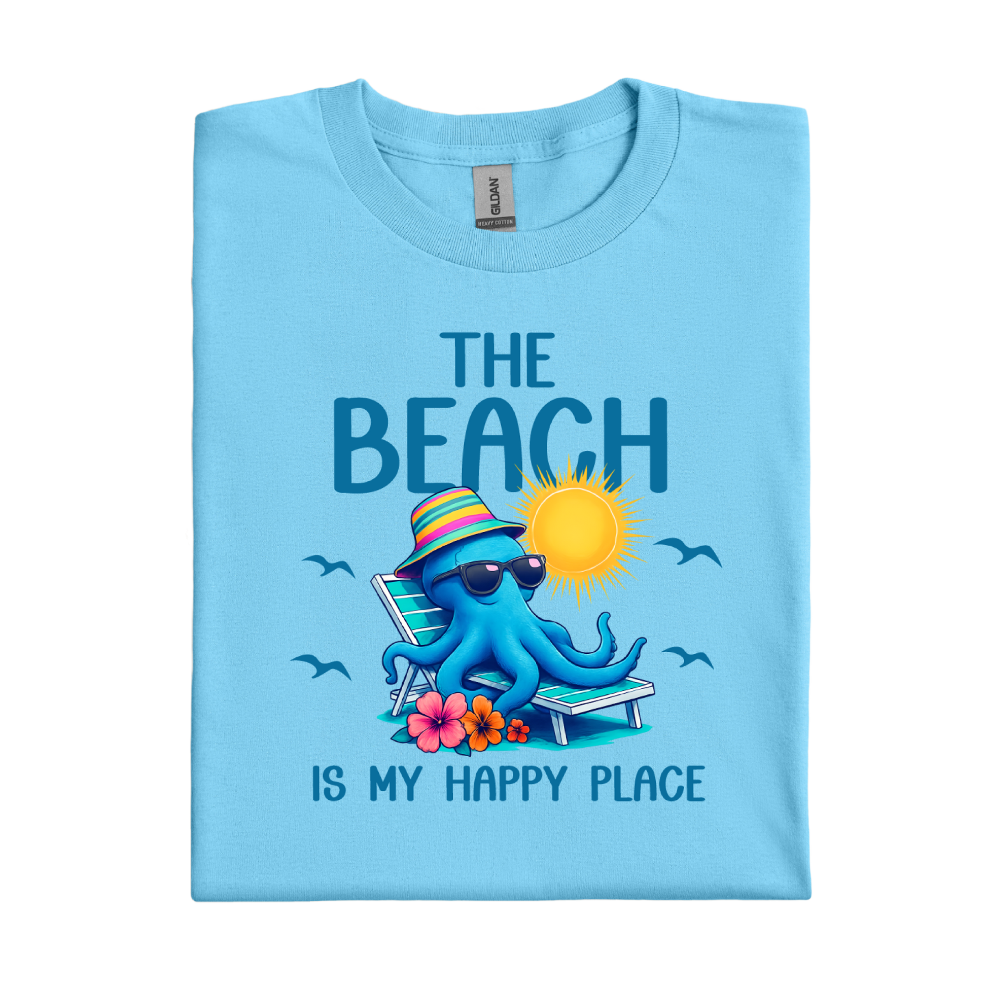 Sky blue t-shirt with an octopus graphic and text on a white background
