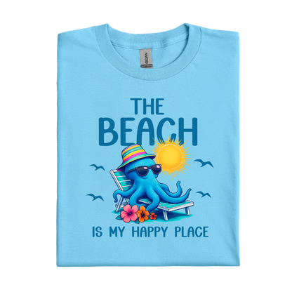 Sky blue t-shirt with an octopus graphic and text on a white background