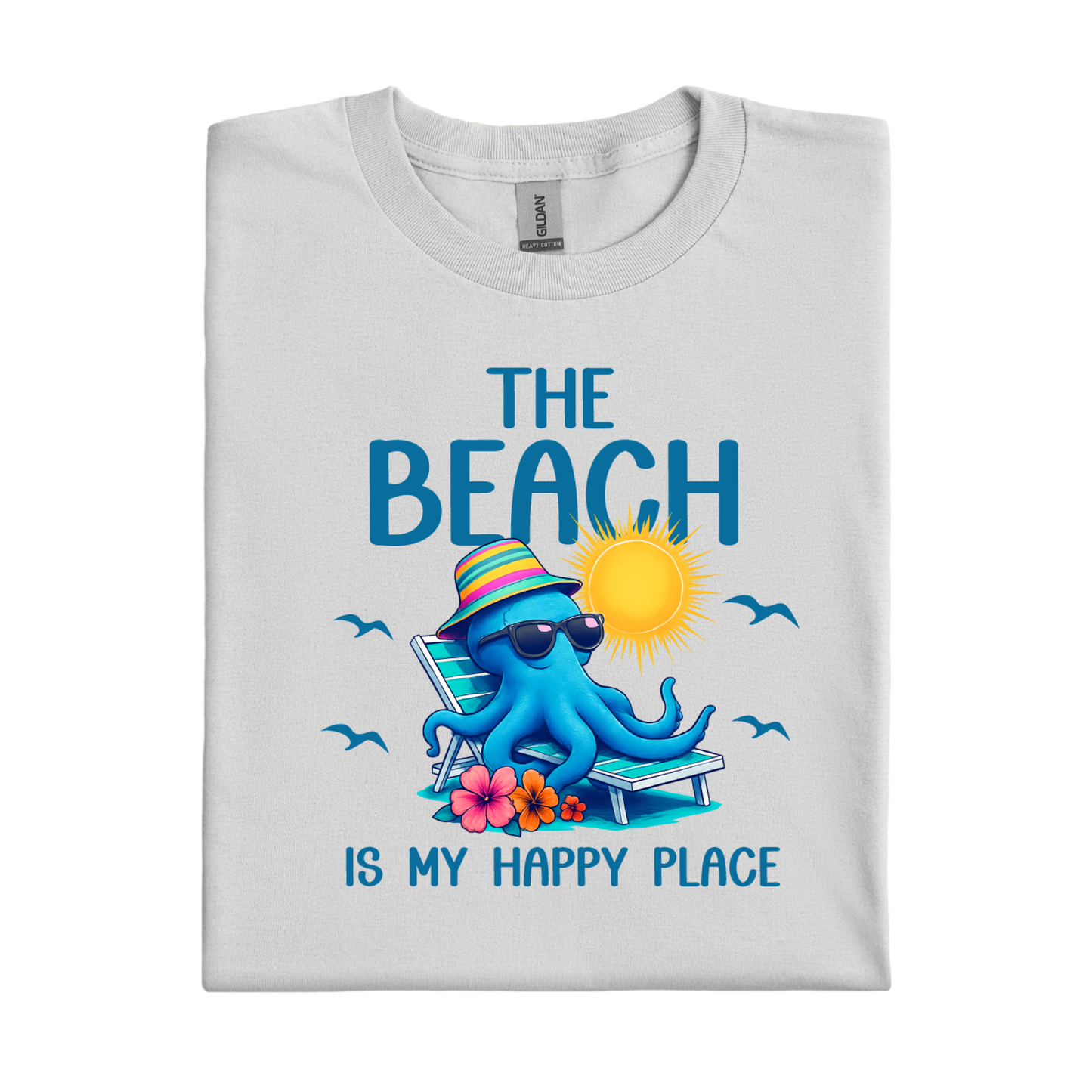 Folded t-shirt with an octopus design and text on a white background