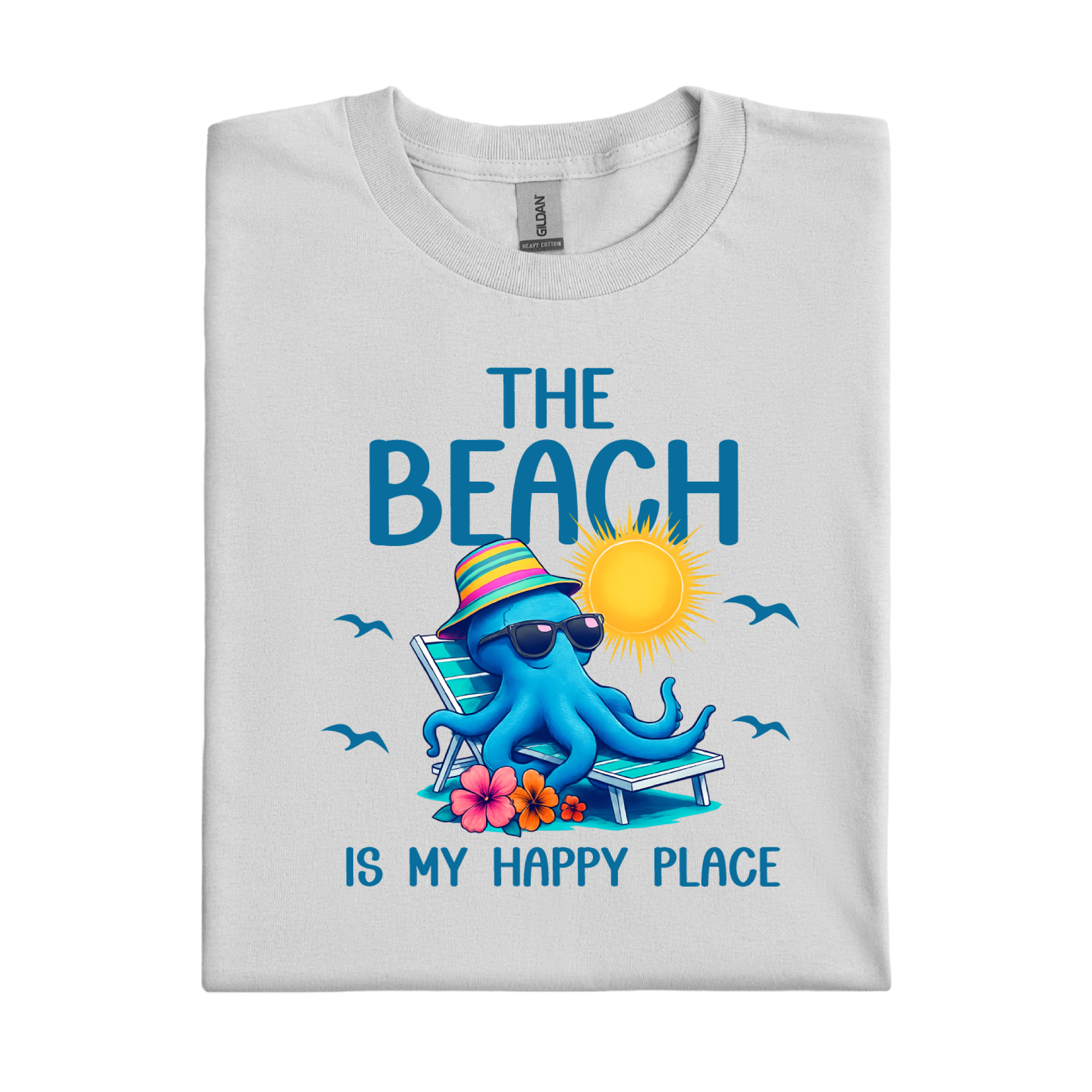 Folded t-shirt with an octopus design and text on a white background