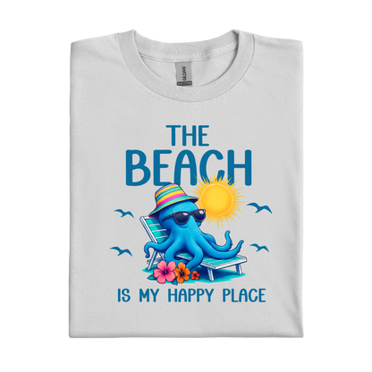 Folded t-shirt with an octopus design and text on a white background