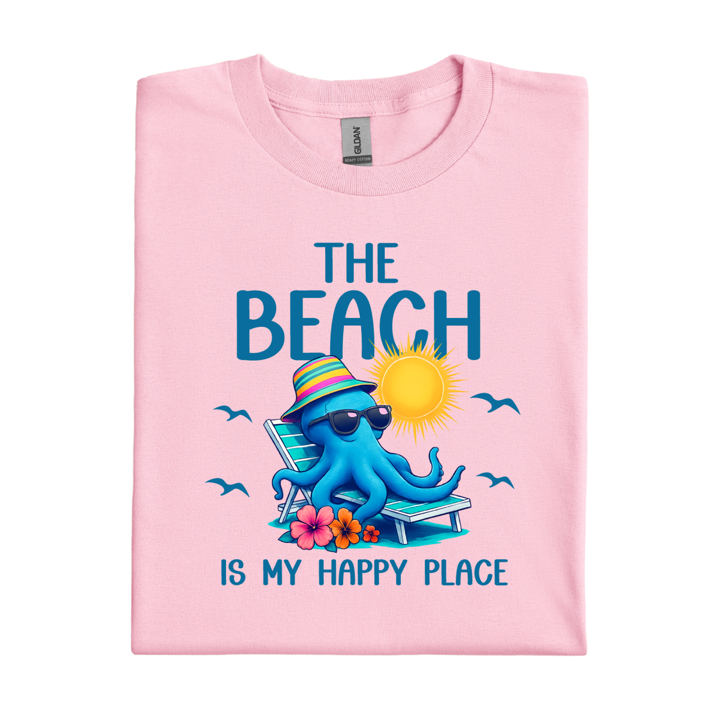 Light Pink t-shirt with an octopus graphic and beach-themed text on a white background
