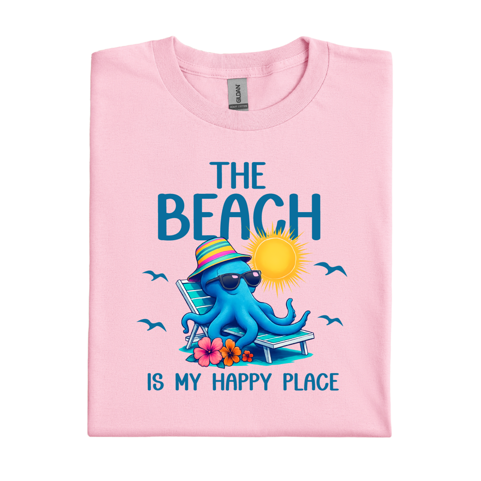 Light Pink t-shirt with an octopus graphic and beach-themed text on a white background
