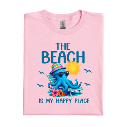 Light Pink t-shirt with an octopus graphic and beach-themed text on a white background