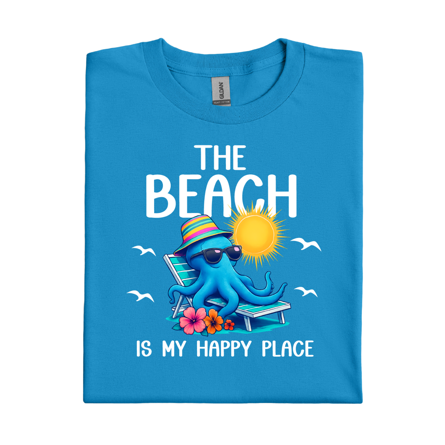 Sapphire Blue t-shirt with an octopus design and text on a white background