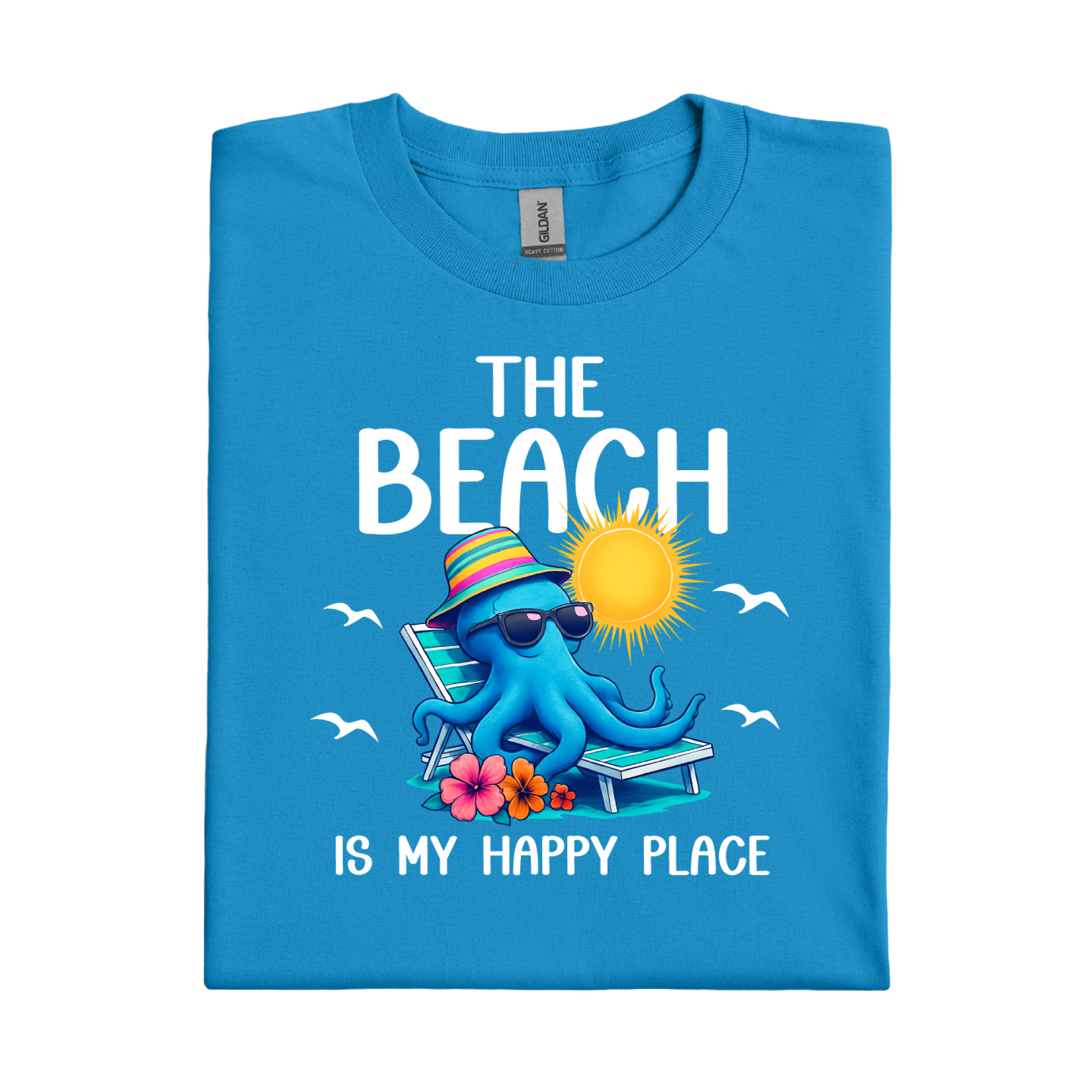 Sapphire Blue t-shirt with an octopus design and text on a white background