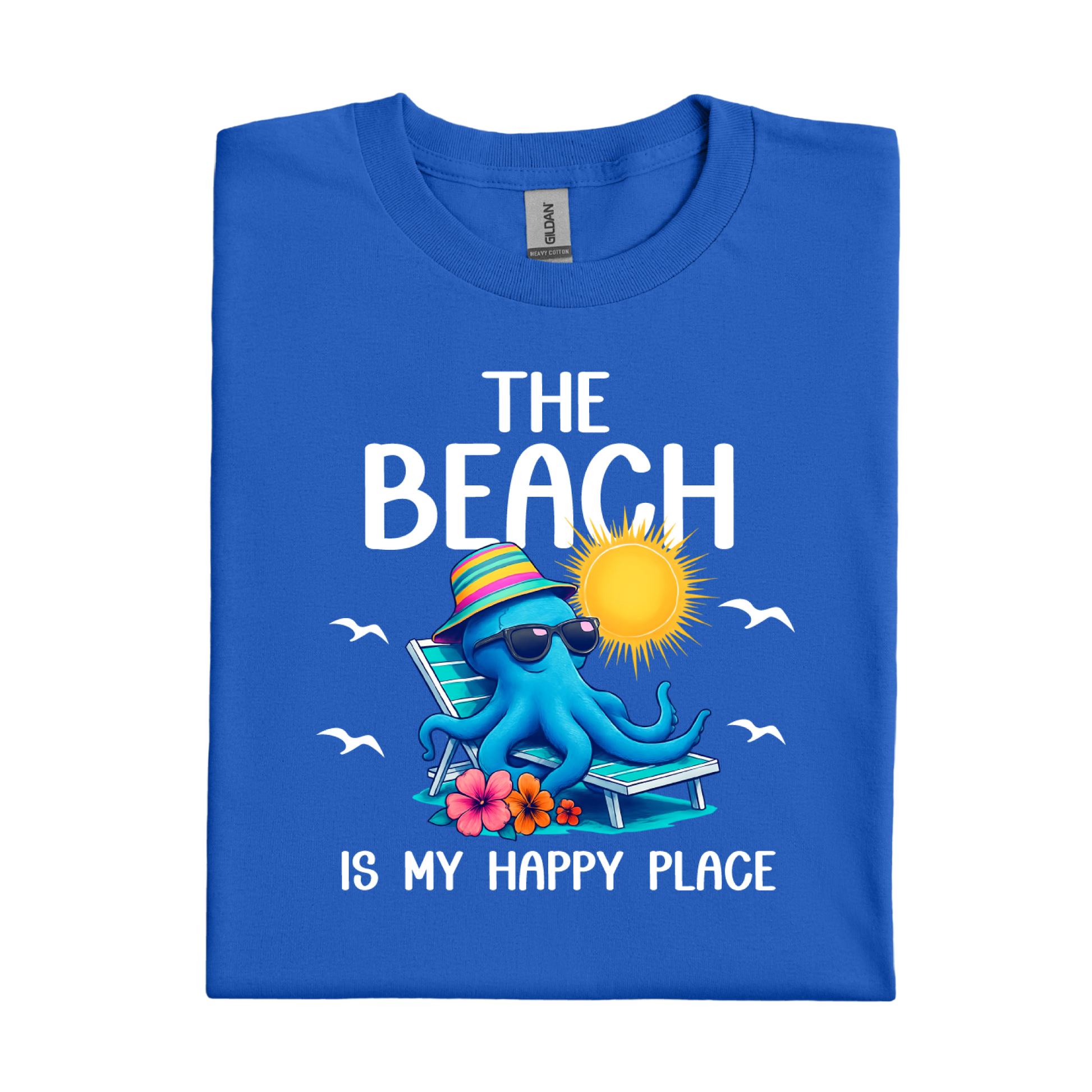 Royal Blue t-shirt with a beach-themed design featuring an octopus, sun, and text on a white background.
