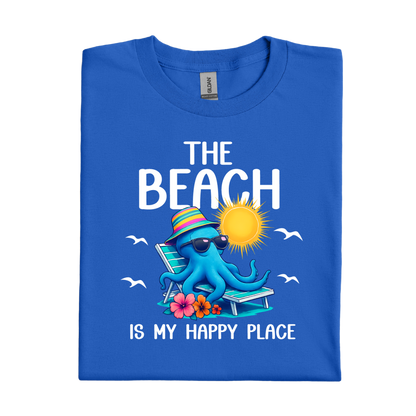 Royal Blue t-shirt with a beach-themed design featuring an octopus, sun, and text on a white background.