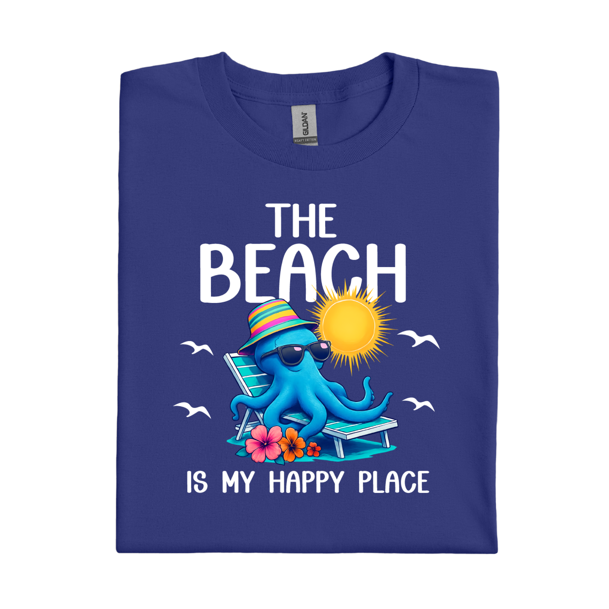 Folded cobalt blue t-shirt with an octopus graphic and beach-themed text on a white background