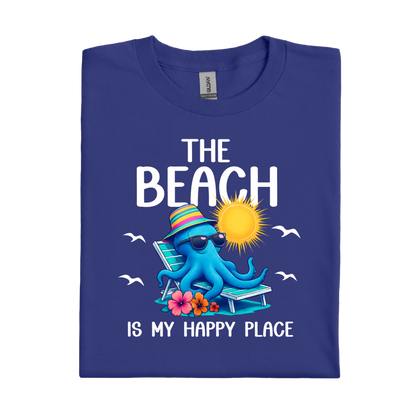 Folded cobalt blue t-shirt with an octopus graphic and beach-themed text on a white background