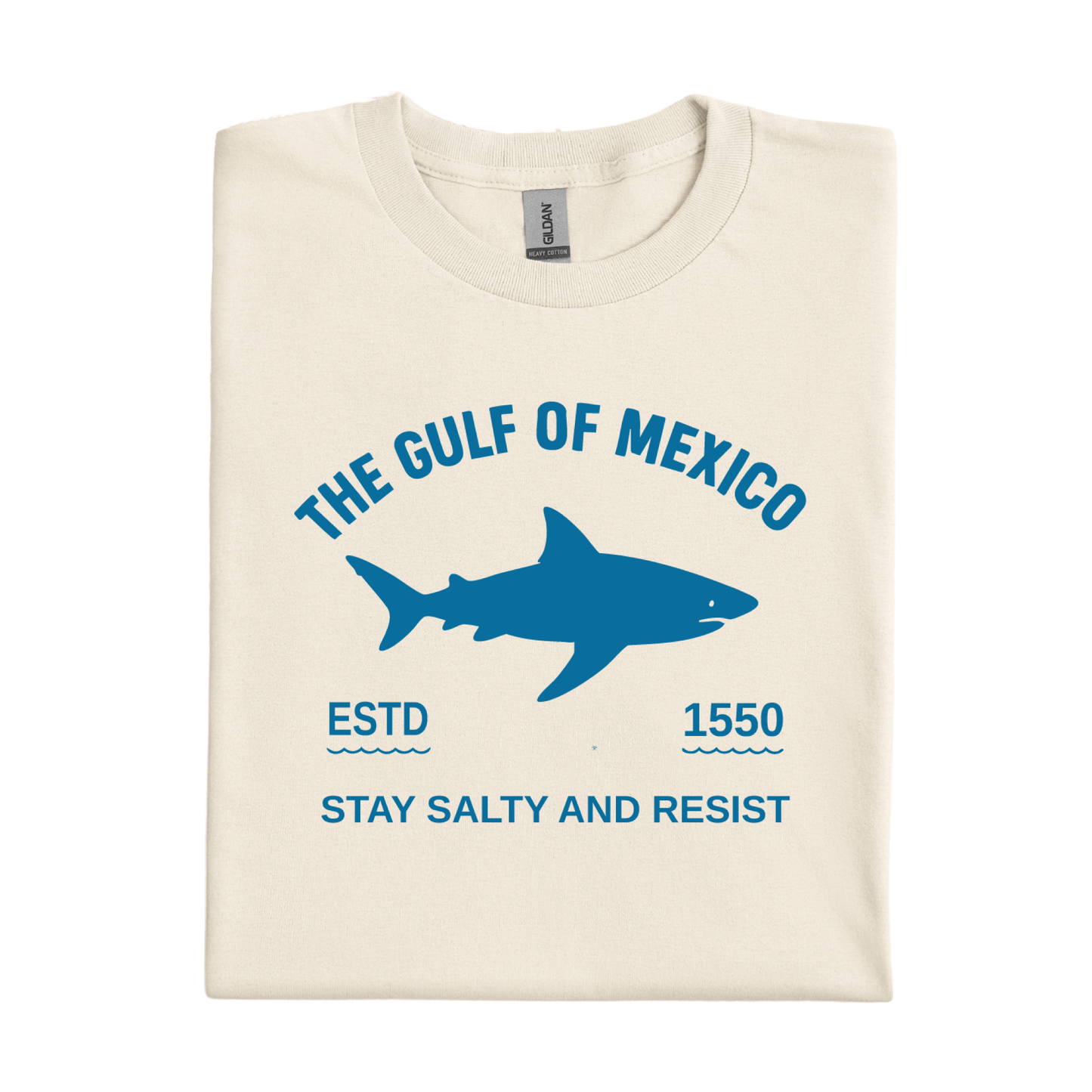 Natural t-shirt with blue shark graphic and text on a white background