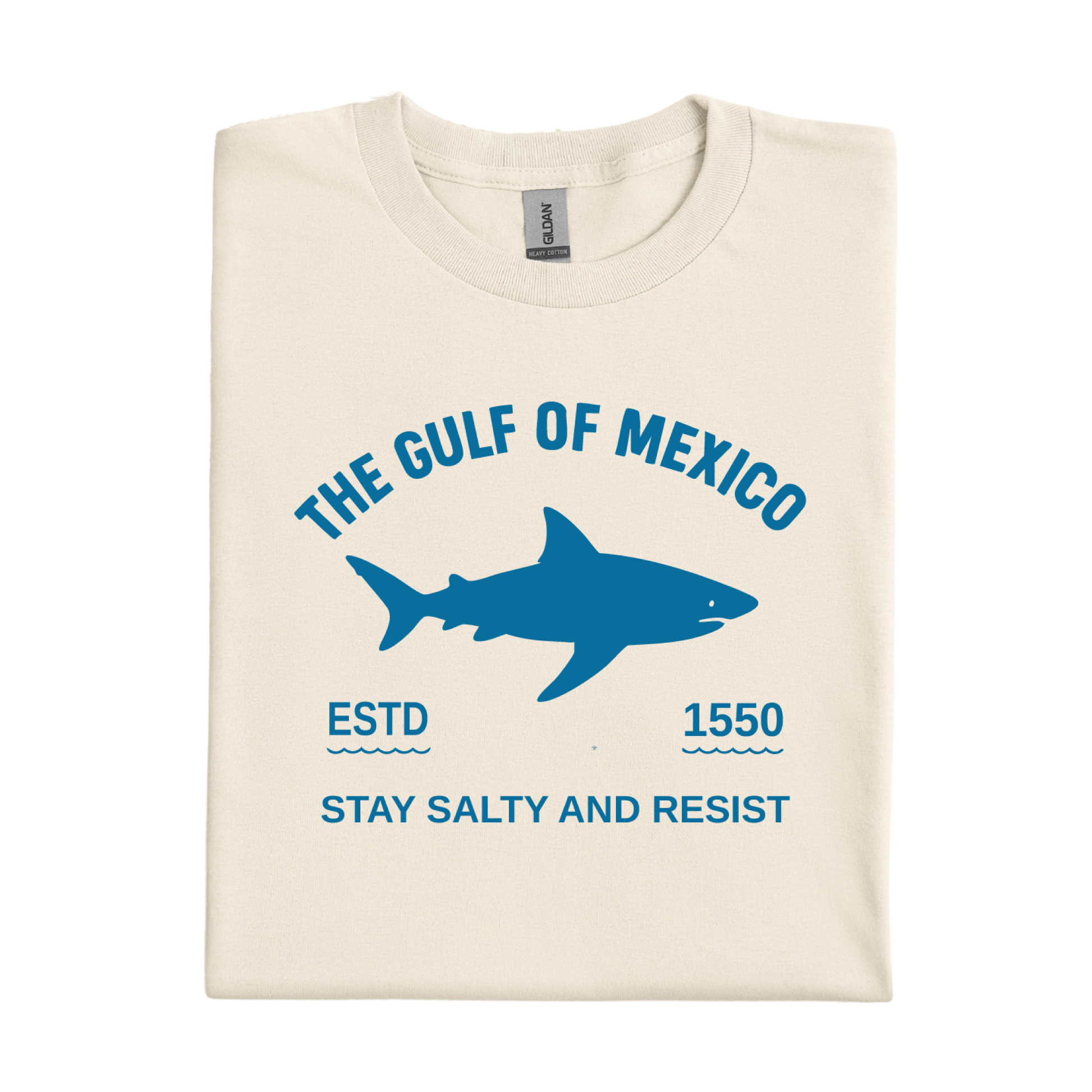 Natural t-shirt with blue shark graphic and text on a white background