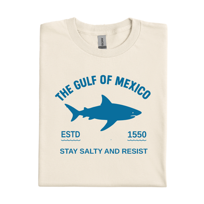 Natural t-shirt with blue shark graphic and text on a white background