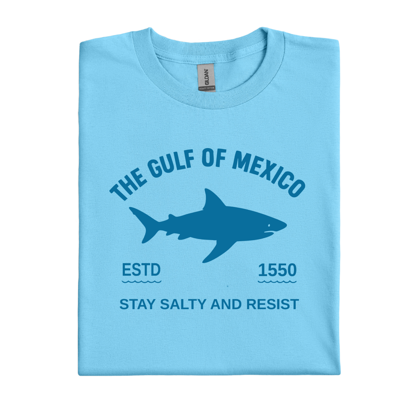 Sky blue t-shirt with shark graphic and text on a white background