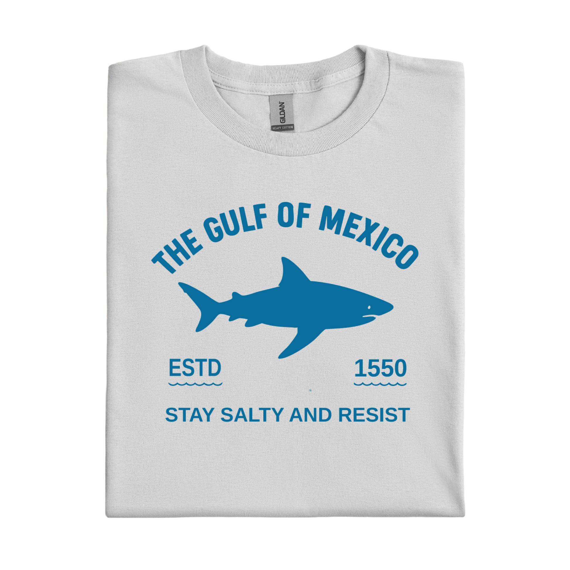 Folded t-shirt with a shark graphic and text on a white background