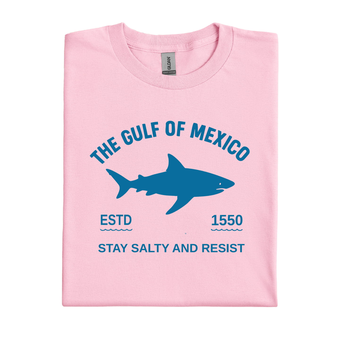 Light Pink t-shirt with blue shark graphic and text on a white background