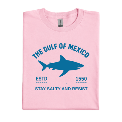 Light Pink t-shirt with blue shark graphic and text on a white background