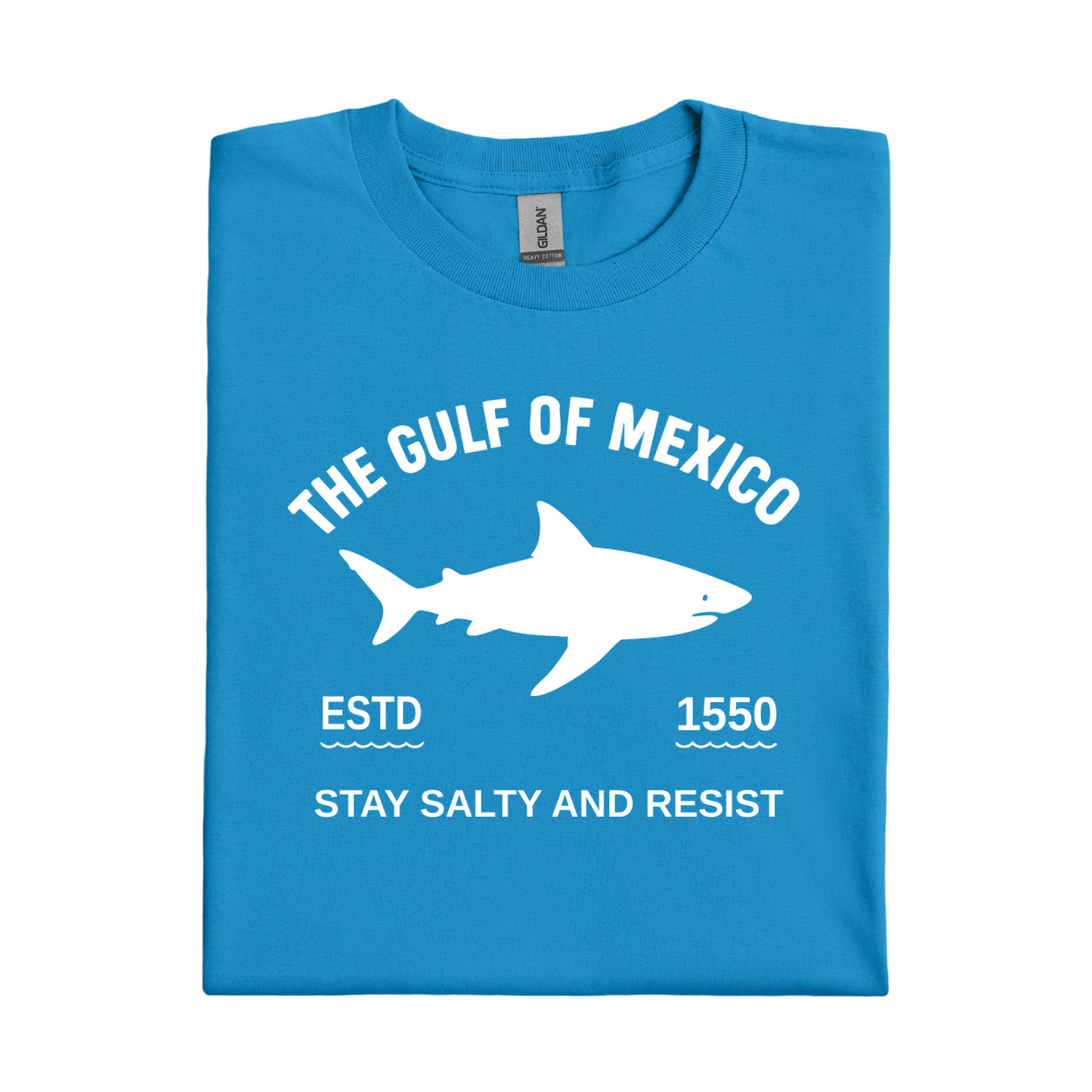 Sapphire Blue t-shirt with white shark graphic and text on a white background