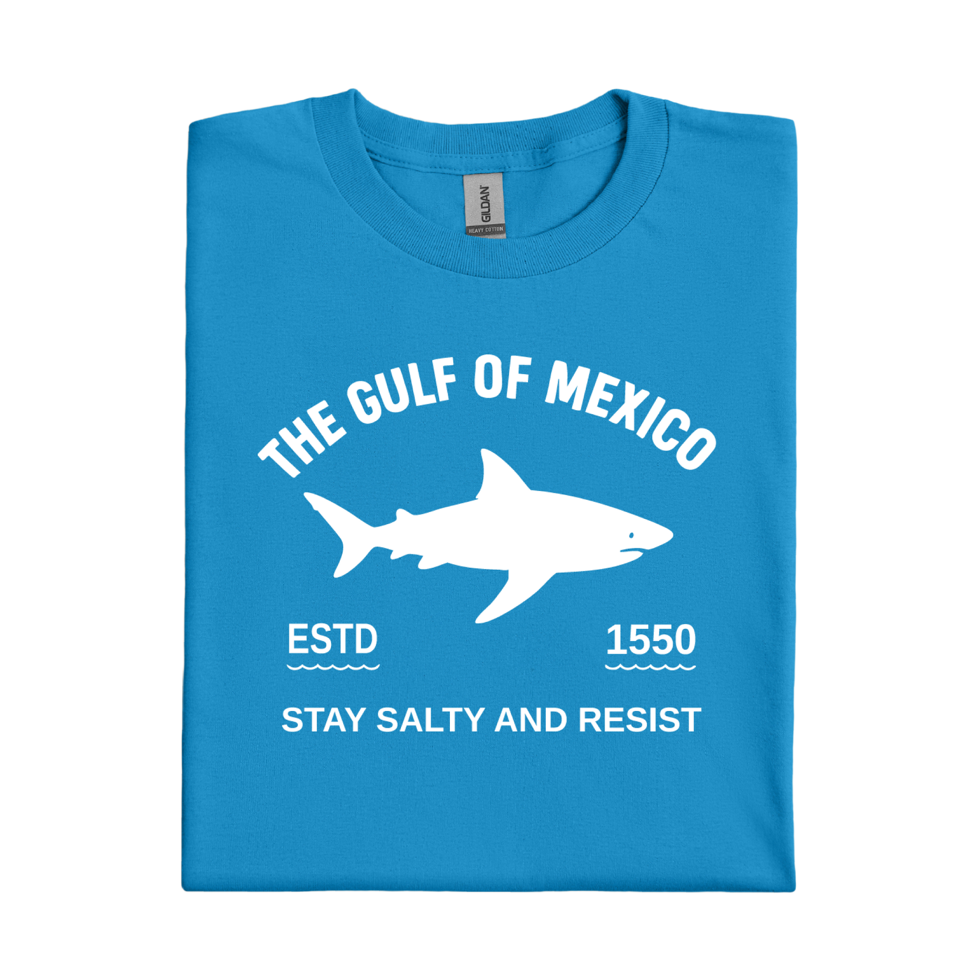 Sapphire Blue t-shirt with white shark graphic and text on a white background