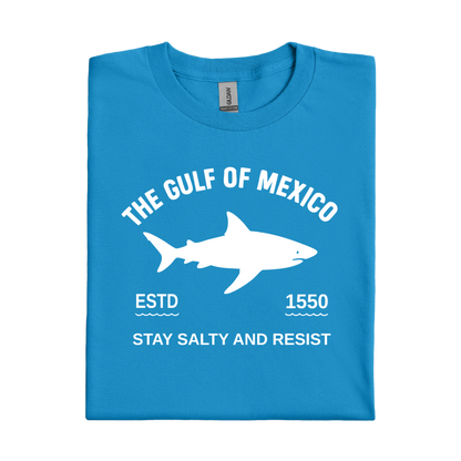 Sapphire Blue t-shirt with white shark graphic and text on a white background