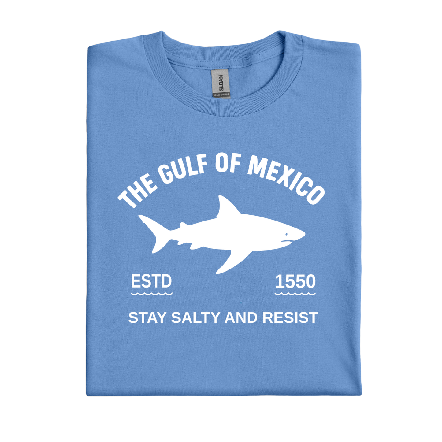Carolina Blue t-shirt with white shark graphic and text on a white background