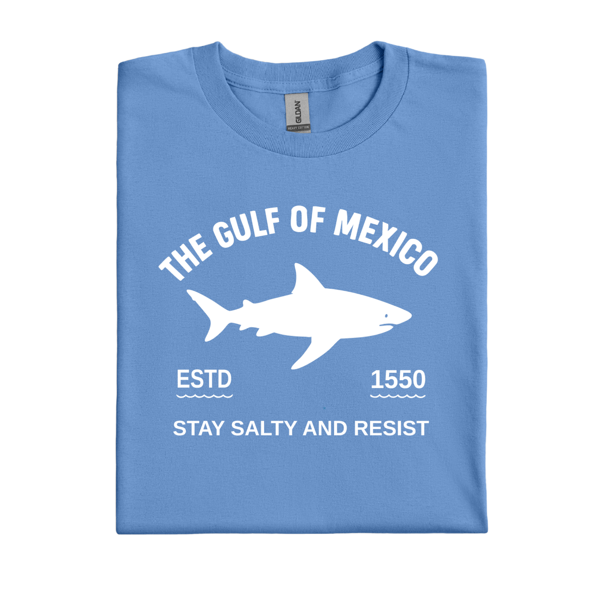 Carolina Blue t-shirt with white shark graphic and text on a white background