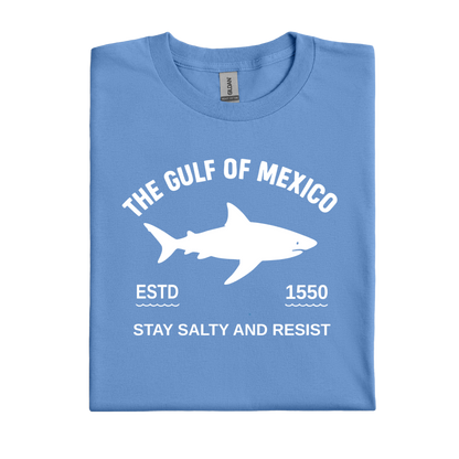 Carolina Blue t-shirt with white shark graphic and text on a white background