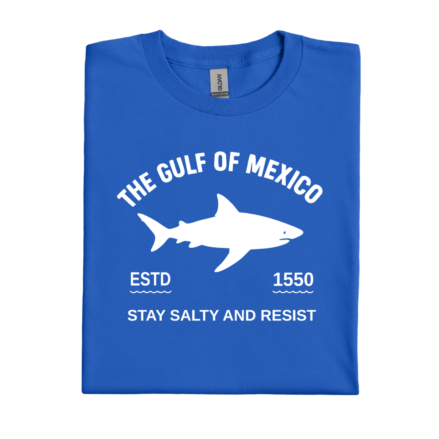 Royal Blue t-shirt with white shark graphic and text on a white background