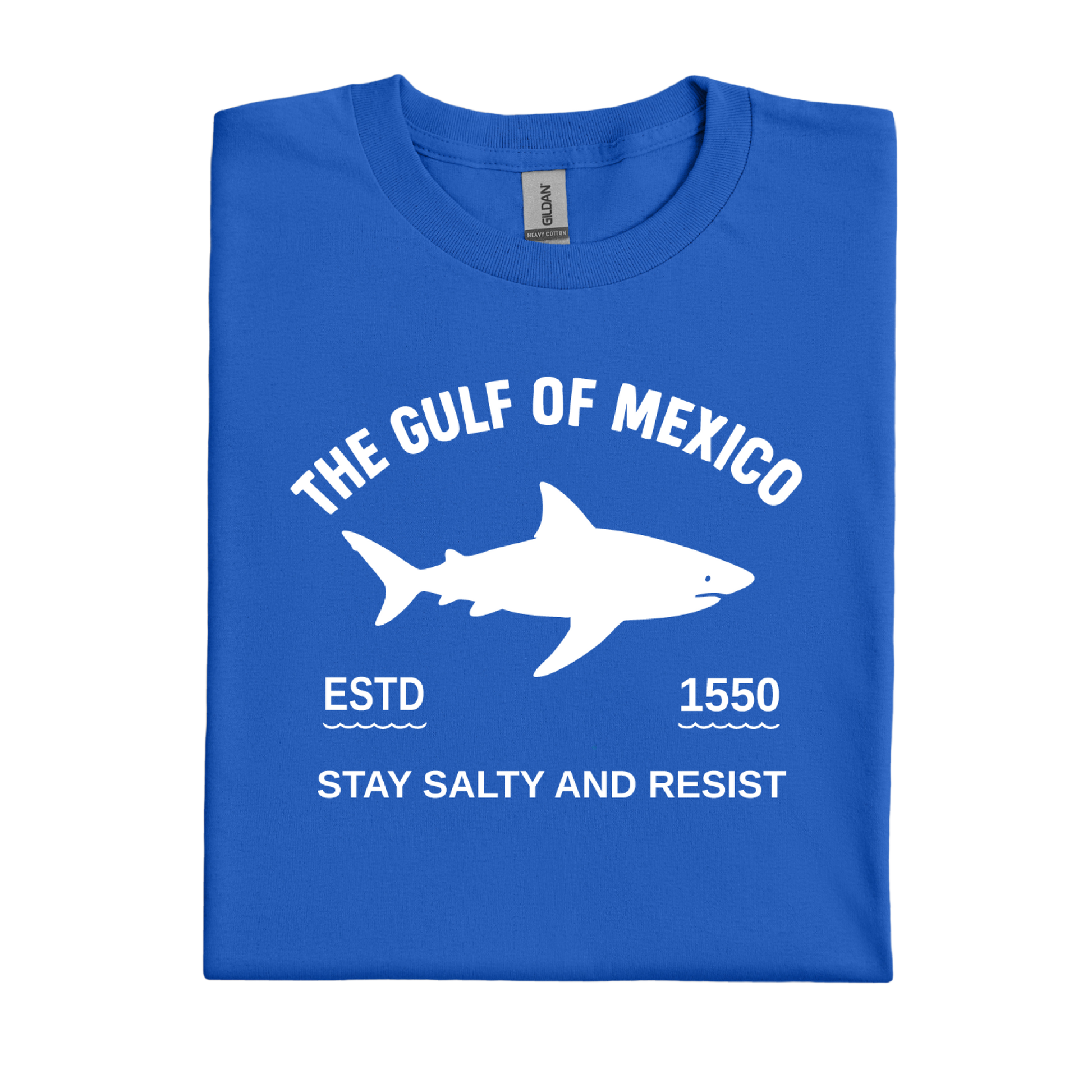 Royal Blue t-shirt with white shark graphic and text on a white background