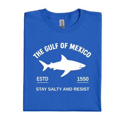 Royal Blue t-shirt with white shark graphic and text on a white background